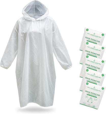 Eco-Friendly Rain Ponchos - Bio-degradable Disposable Clear Poncho with Drawstrings and Adjustable Hood, Family Pack of 5