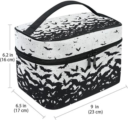 Makeup Train Case Black Bat Halloween Korean Carrying Portable Zip Travel Cosmetic Brush Bag Organizer Large for Girls Women