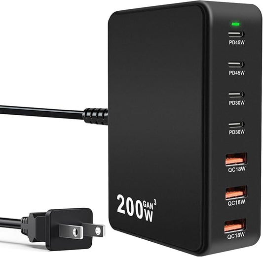 USB C Charger Charging Station 200W 7-Port GaN Fast Charging Block PD 3.0 TypeC and USB A Wall Charger Laptop Power Adapter for All iPhone16/15/14 iPad Samsung Android Pixel Series (Black)
