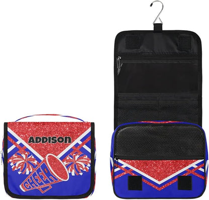 Customized Travel Cheer Hanging Toiletry Bag for Women, Waterproof Large Cosmetic Bag Makeup Cosmetic Organizer Case Bag, Red Glitters Royal Blue