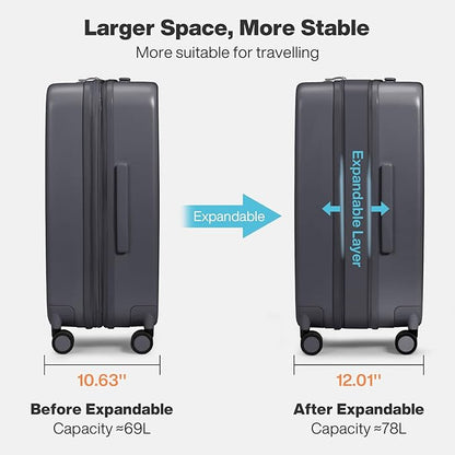 mixi 24 Inch Large Expandable Checked Luggage Suitcases with Spinner Wheels, Hardside Rolling Travel Suitcase PC with TSA Lock & Cover, Rock Gray