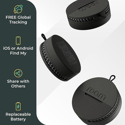 Roam Smart Tracker | Family-Friendly Eco Tracker for Keys, Bags & Kids’ Gear | Works with iOS & Android | Built-in Strap, QR Lost & Found | Replaceable Battery | No Extra App | 1-Pack, Black