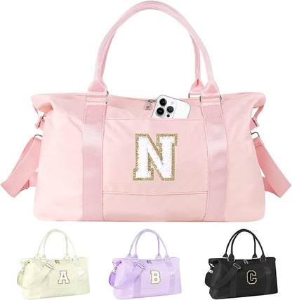 Dance Gym Duffel Bag for Teen Girls, Personalized Initial Travel Weekender Bag,Cute Overnight Carry On Duffle for Women,Sports Travel Cheer Bag,Monogram Christmas Gifts for Tween Preppy(pink-N)