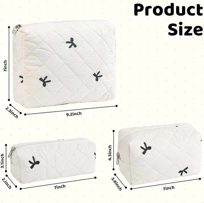 Quilted Makeup Bag Set,3 Pcs Puffy Cosmetic Bags Aesthetic Make Up Bags,Small Zipper Pouch,Travel Toiletry Bag Purse Organizer Pouches for Women (White-Bow)