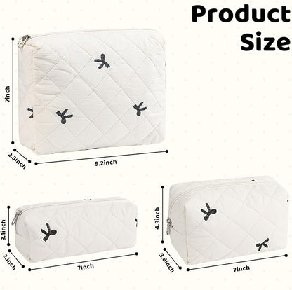 Quilted Makeup Bag Set,3 Pcs Puffy Cosmetic Bags Aesthetic Make Up Bags,Small Zipper Pouch,Travel Toiletry Bag Purse Organizer Pouches for Women (White-Bow)