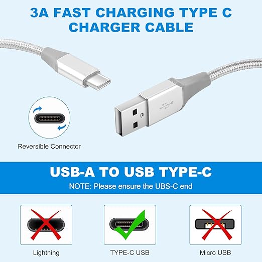 USB-C Cable 3A Fast Charging, 3-Pack (10ft+6ft+3ft) USB A to Type C Charge Nylon Braided Cord for Type-C Devices - White