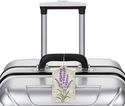 2 Pcs Purple Lavender Luggage Tags for Women Girls Travel, Cute Flower PU Leather Bag Tags Baggage for Suitcases with Stainless Steel Loop & Privacy Name ID Card Cover Identifiers Labels Set