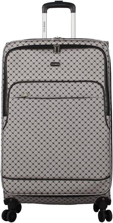 Steve Madden Designer Luggage - Checked Large 28 Inch Softside Suitcase - Expandable for Extra Packing Capacity - Lightweight Bag with Rolling Spinner Wheels (Noble Black/Grey, 28in)