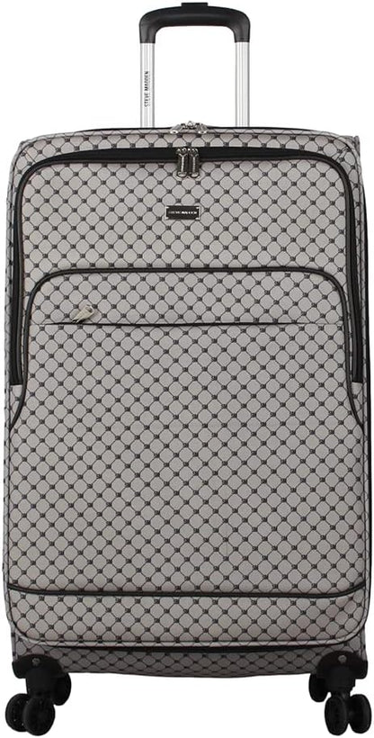 Steve Madden Designer Luggage - Checked Large 28 Inch Softside Suitcase - Expandable for Extra Packing Capacity - Lightweight Bag with Rolling Spinner Wheels (Noble Black/Grey, 28in)