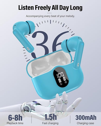 Btootos Wireless Earbuds, Bluetooth 5.4 Headphones Bass Stereo, Ear Buds with Noise Cancelling Bluetooth Earbuds 36H Classic Ice Blue