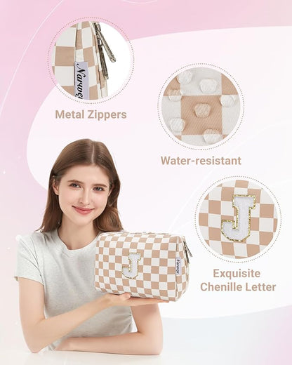 Narwey Birthday Gifts for Women Teen Girls Kids Personalized Initial Checkered Makeup Bag Cute Cosmetic Bag Trendy Stuff 6 8 10 11 12 13 14 16 18 Years Old Travel Toiletry Bag (Brown Letter J)