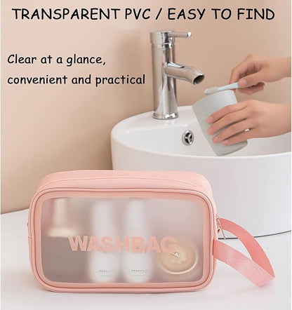 Clear Travel Bags for Toiletries, 3Pcs Portable PVC Waterproof Cosmetic Bags, Transparent Travel Storage Carry Pouch, Toiletry Bags and Cosmetics Organizer for Women Men (Pink)