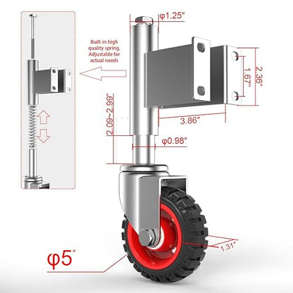Spring Loaded Gate Casters 5” Rubber Tire Heavy Duty Gate Caster Wheels with Hardware for Wooden Gates, Metal Gates, Fence Gates, Swing Gates, 400 Lbs Load Capacity