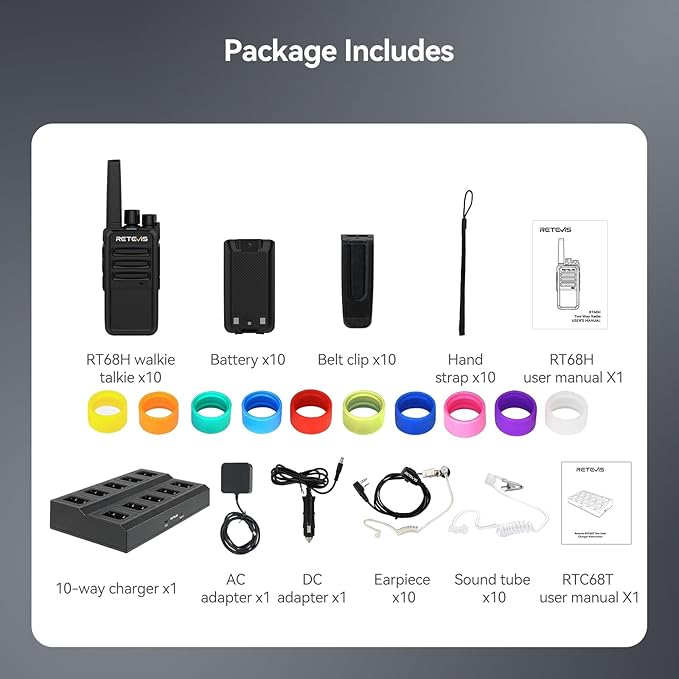Retevis RT68H Walkie Talkies Long Range, Rugged 2 Way Radio with Earpiece, 1200mAh, Hidden Display, 9-Level Squelch, License-Free Two Way Radio(10 Pack with 10 Way Charger)