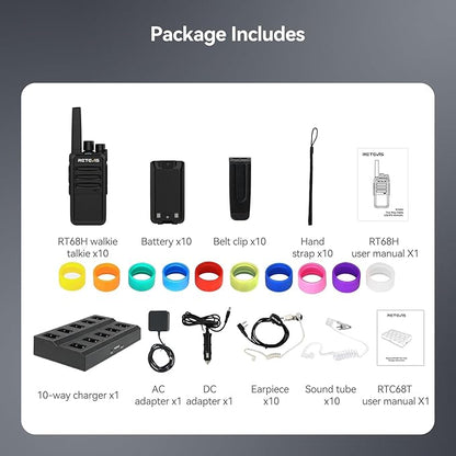 Retevis RT68H Walkie Talkies Long Range, Rugged 2 Way Radio with Earpiece, 1200mAh, Hidden Display, 9-Level Squelch, License-Free Two Way Radio(10 Pack with 10 Way Charger)