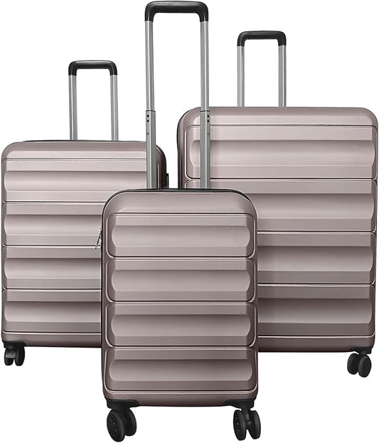 GYMAX Luggage Sets 3 Pieces Hardside Suitcase with Spinner Wheels & Lock, 20” Carry On, 24” & 28” Checked Luggage Set, Lightweight Portable for Travel, Business (Champagne,Wide Stripe)