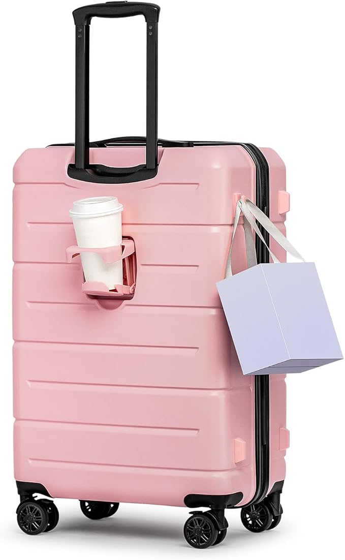 KYME 26 Inch Luggage TSA Approved Hardshell Suitcases with Spinner Wheels Durable Medium Travel Checked Luggage with Cup Holder for Women Men Pink