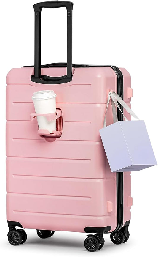 KYME 26 Inch Luggage TSA Approved Hardshell Suitcases with Spinner Wheels Durable Medium Travel Checked Luggage with Cup Holder for Women Men Pink