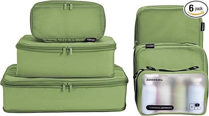 Compression Packing Cubes for Travel, 6-Piece Set (L/M/S), Double-Zip Luggage Organizers with Mesh Panels, Space-Saving Clothes Storage Bags for Suitcase & Carry-On (6 Pack, Forest Green)