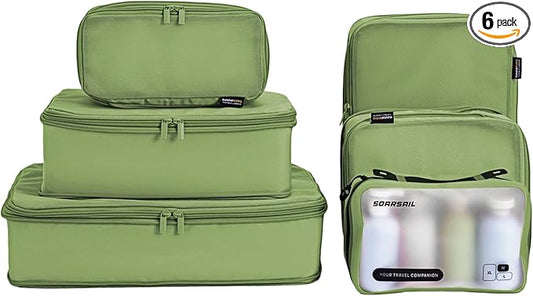 Compression Packing Cubes for Travel, 6-Piece Set (L/M/S), Double-Zip Luggage Organizers with Mesh Panels, Space-Saving Clothes Storage Bags for Suitcase & Carry-On (6 Pack, Forest Green)