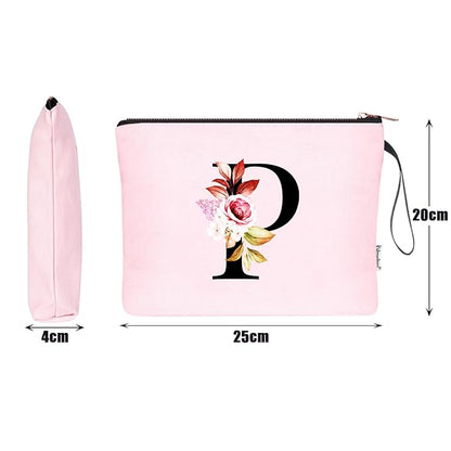 Vavabox A-Z Personalized Makeup Bag, Birthday Gifts for Women Mom, Gifts for Best Friend, Bride Bridesmaid Cosmetic bag (P, Pink)