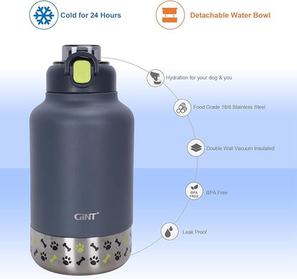 GiNT 37oz Insulated Stainless Steel Dog & Human Water Bottle | Leakproof Travel Dispenser with Detachable 10oz Bowl, 24H Cold/12H Hot, Carrying Case for Walking, Hiking, Camping & Outdoor Travel