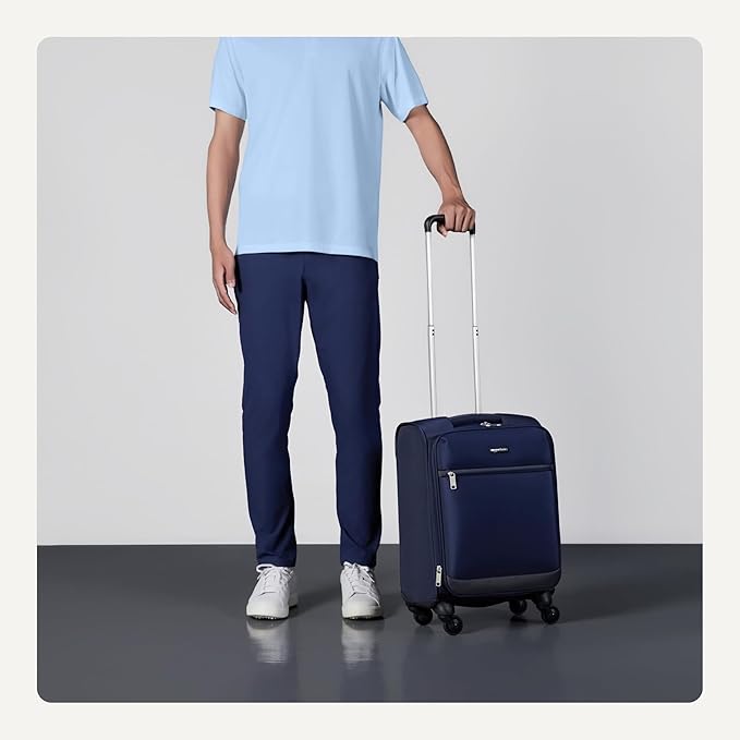 Amazon Basics Luggage, 18"Medium Carry-On Softside Suitcase With Wheels With Four 360-Degree Multi-directional Spinner Wheels Expandable Space Zippered Pocket and Straps Telescopic Handle Navy Blue