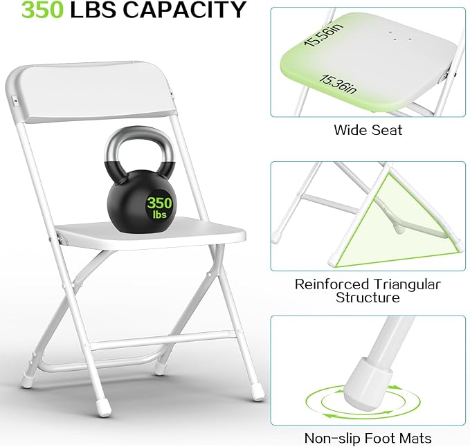 Folding Chairs 10Pack,White Plastic Folding Chairs for Indoor Outdoor,Portable Stackable Commercial Seat with Steel Frame 350lb.Capacity for Party Events Wedding Dining Picnic Office