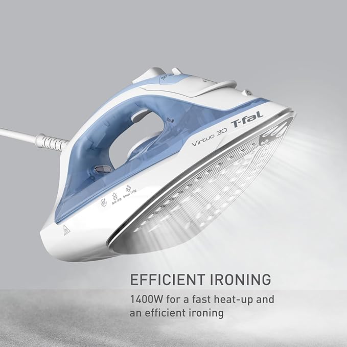 T-Fal Virtuo Steam Iron for Clothes Garment Steamer, Burst of Steam & Spray, Portable Iron and Steamer for Clothes, Ceramic Nonstick Soleplate, 1400 Watts, Anti-Drip, Auto-Off, Easy Ironing, Blue