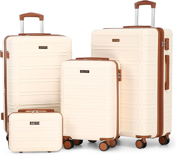 4 Piece Luggage Set Expandable ABS Travel Suitcase Set TSA Lock Hardshell Durable Lightweight Traveling Luggage Sets Gift for Back to School (OFF White, 28in26in20in13in)