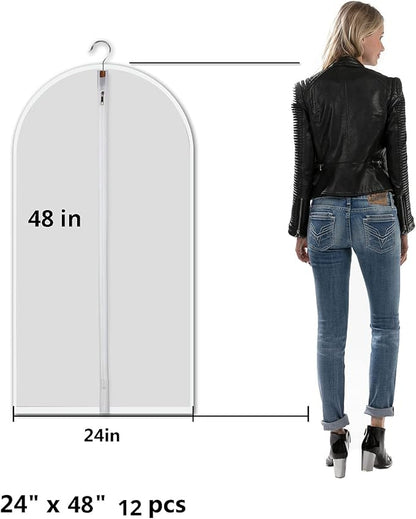 Clear Garment Bags Hanging Clothes Bags (Set of 12) for Closet Storage Plastic Bag with Zipper for Suit, Sweaters Travel Laundry Wardrobe Closet Garment Dust Cover Bags - 24'' x 48''/12 Pack