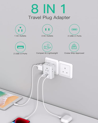 2 Pack US to UK Ireland Travel Plug Adapter, Type G Plug Adapter with 4 Outlets 4 USB Ports (2 USB C), UK Power Adapter for USA to London England Scotland British Kenya Qatar Hongkong