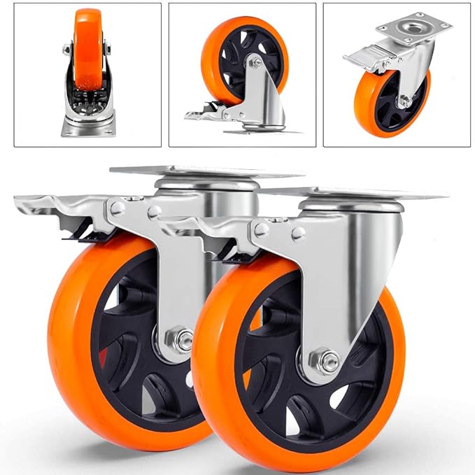 D&L 5 Inch Swivel Casters Wheels 1500lbs Heavy Duty Castors with Brake Polyurethane Dual Locking Casters Set of 4 Orange DL-I5-001