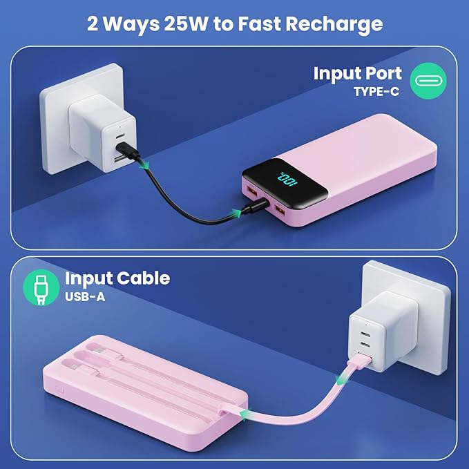 Portable Charger 40800mAh Power Bank with 3 Built-in Cables,PD 25W USB C in&Out Power Bank Fast Phone Charging,QC4.0 5 Output Travel Camping Essential Battery Pack for iPhone 17/16,Samsung etc-Peach