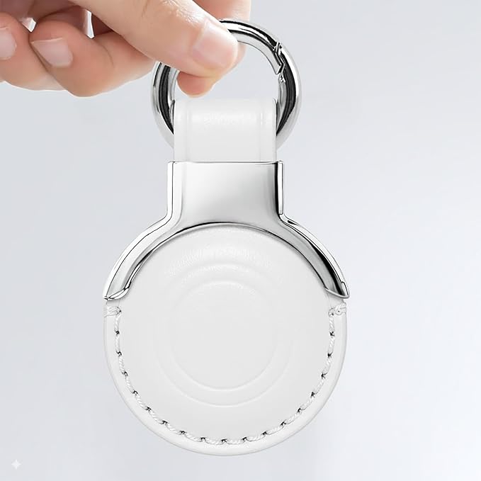 Genuine Leather for AirTag Holder Keychain for AirTag - Premium Handmade Protective Case Cover Accessories with Key Ring, Secure Hidden Design, All-in-One Package, White