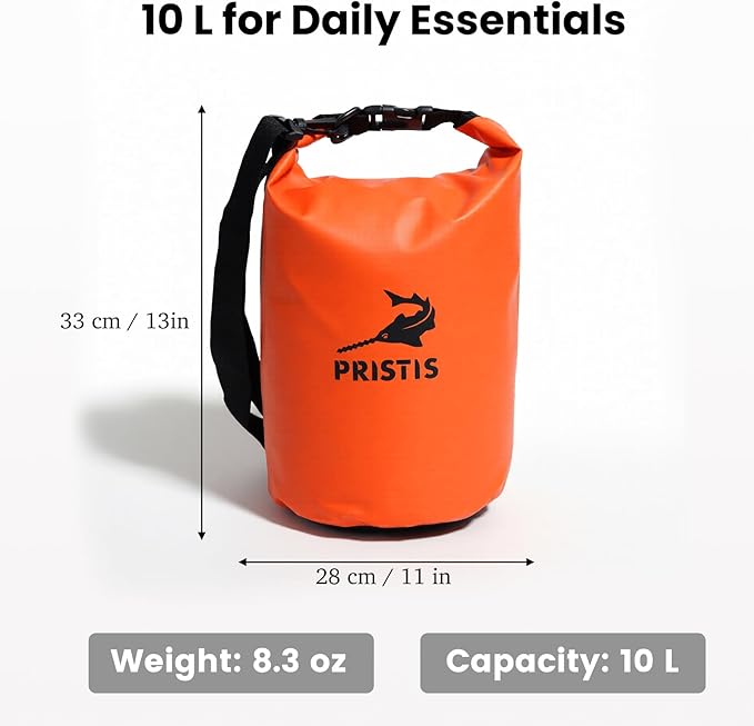 Pristis Waterproof Dry Bag, 10L Lightweight Floating Kayak Storage Backpack for Men Women, Durable Outdoor Roll Top Dry Sack Gear Accessory for Kayaking Fishing Rafting Beach Camping, Orange