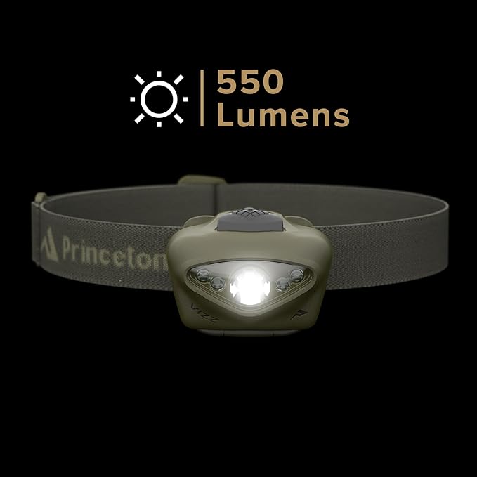 Princeton Tec VIZZ 550 RGB Headlamp - 550 Lumen White LED with Red/Green/Blue Modes, Waterproof IPX7, CR123 or AA Compatible - Rugged Tactical Light, Olive Drab
