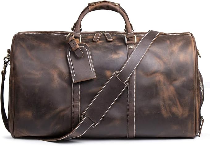 24 Inch Leather Travel Weekend Luggage Bag, Mens Duffle Retro Carry on Handbag (Dark Brown)