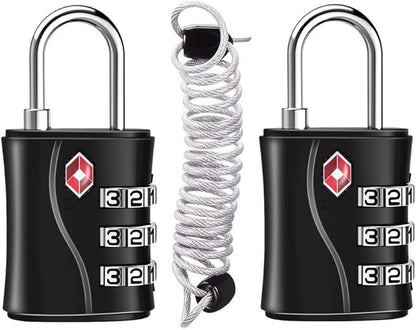 ZHEGE Suitcase Locks TSA Approved, 3 Digit Luggage Locks with Flexible Cable (30 in) for Travel, School & Gym Locker (Black, 2 Pack)