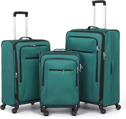 3pcs Set Softside Luggage Sets With Spinner Wheels, Expandable Softshell Suitcase Set, 28inch, 24inch, 20inch luggage with front pocket, Lightweight fabric luggage(GREEN)