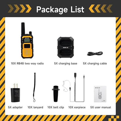 Retevis RB48 Radios Walkie Talkies with Earpiece, Heavy Duty 2 Way Radio Long Range, MIL-STD 810H Two Way radios, Advanced Triple Proof, VOX, 2000mAh, Vibration Reminder, Emergency Alert(10 Pack)