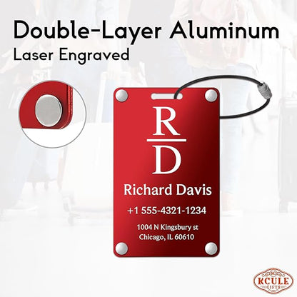 Personalized Luggage Tags for Suitcases - Monogram Style Aluminum Custom Luggage Tags for Backpacks & Bags, Sturdy, Waterproof & Heavy Duty (Red/Card-Sized)