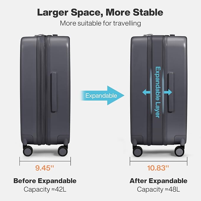 mixi 20 Inch Expandable Carry on Luggage 22x14x9 Airline Approved Suitcases with Spinner Wheels, Hardside Rolling Travel Suitcase PC with TSA Lock & Cover, Rock Gray