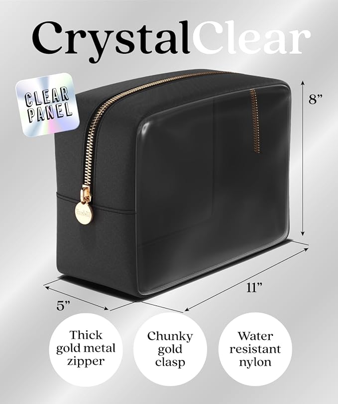 Embla Clear Cosmetic Bag Makeup Case, Clear Zipper Make Up Pouch and Toiletry Travel Tote, Cute Skincare Pouches for Women Girls, Preppy Purse Cosmetic Organizer, Large Makeup Bags, Black