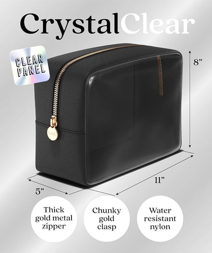 Embla Clear Cosmetic Bag Makeup Case, Clear Zipper Make Up Pouch and Toiletry Travel Tote, Cute Skincare Pouches for Women Girls, Preppy Purse Cosmetic Organizer, Large Makeup Bags, Black