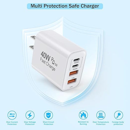 10Foot USB C-C Woven Fast Charging Cable,Apple 40W 4 Port USB C Wall Charger Block with 10FT Type C Charging Cable Cord PD&AC 40W Adapter for iPhone 17Air/17 Pro/16/16e/16 Pro Max/15/iPad Pro/Air/Mini