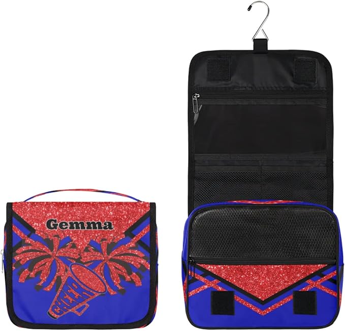 Custom Hanging Toiletry Bag for Women, Cheer Makeup Bag, Cosmetic Bag, Travel Essentials for Women Red Sequins Glitter Black Royal Blue