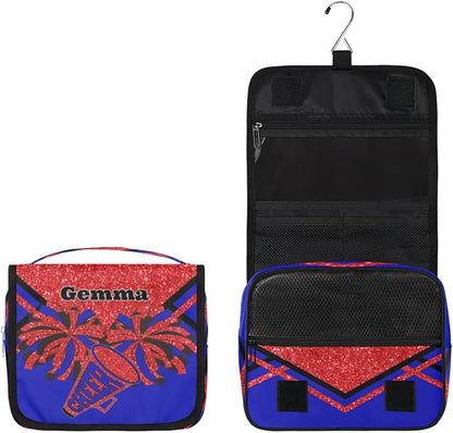 Custom Hanging Toiletry Bag for Women, Cheer Makeup Bag, Cosmetic Bag, Travel Essentials for Women Red Sequins Glitter Black Royal Blue