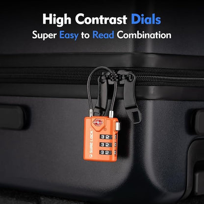 SURE LOCK TSA Compatible Travel Luggage Locks, Inspection Indicator, Easy Read Dials TSA Approved with Zinc Alloy Orange 4 Pack