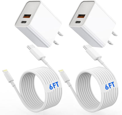 iPhone Fast Charger,[MFi Certified]2Packs 20W Dual Port PD/QC3.0 USB C Wall Charger with 6FT USB C to Lightning Cable Data Sync Cord For Apple iPhone 14 13 12 11 Pro Max X Xr Xs Max 8Plus, AirPods Pro